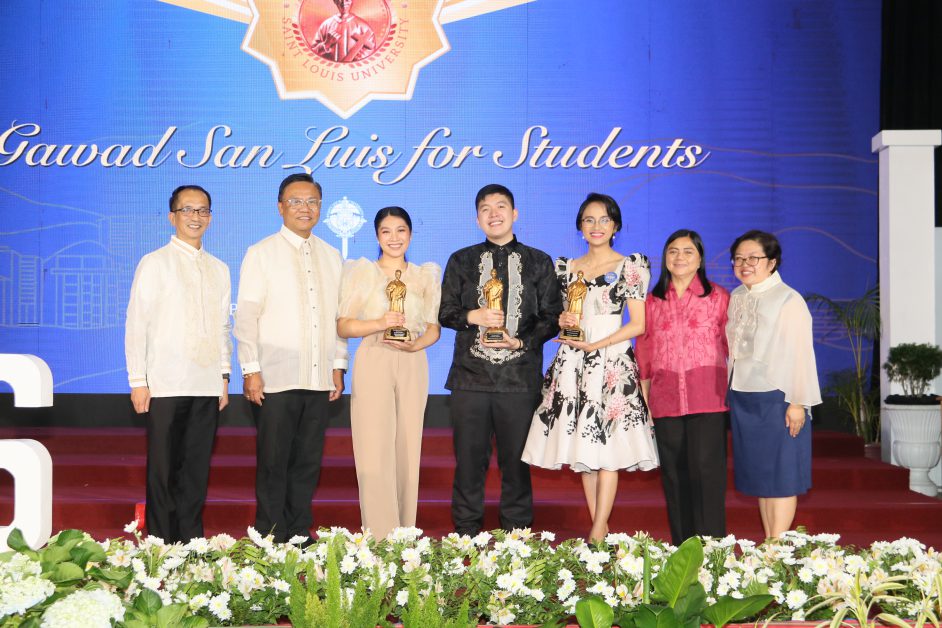 Gawad San Luis Awardees with Dr. Roberto B. Arguelles, Rev. Fr. Gilbert B. Sales, CICM, Dr. Felerina Ellamil, and Dr. Triceayn Marie D. Prestousa